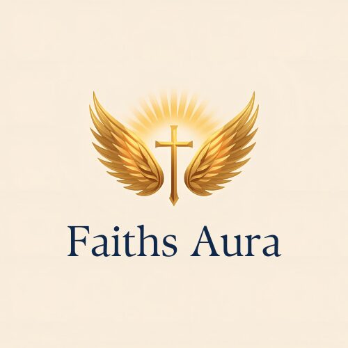 Faiths Aura logo with golden wings and cross on beige background